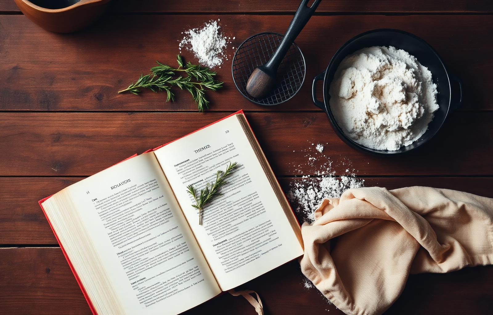 Open cookbook on a wooden table with herbs and flour